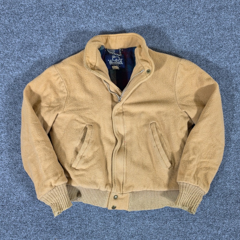 VTG 1960s Woolrich Mens Wool Bomber Jacket Camel Tan Plaid Lined Made in USA M